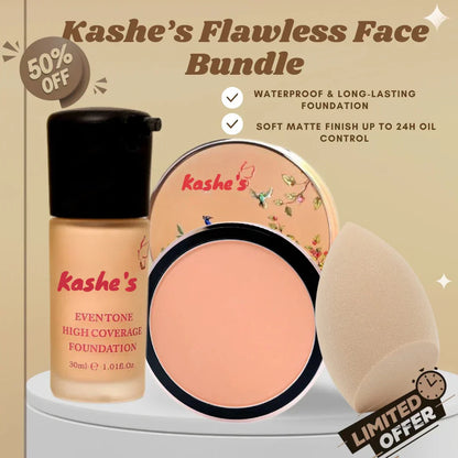 Kashe's Flawless Face Bundle - Includes Foundation, Compact powder & Beauty Blender
